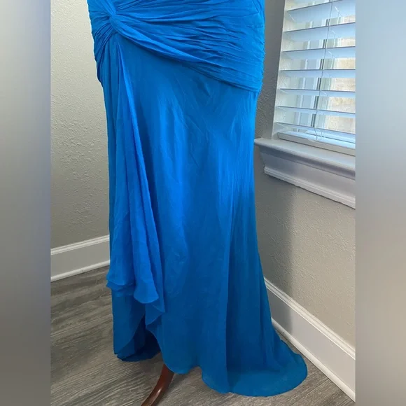 NWT, Designer 100% Silk Chiffon Blue Hi Lo Hem Evening Gown Dress, Size 8 - Picture 3 of 16